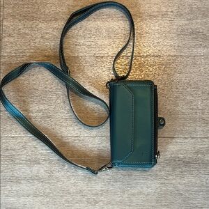Blue Green Leather Magnetic Strap Shoulder Zipper Pocket Phone Case